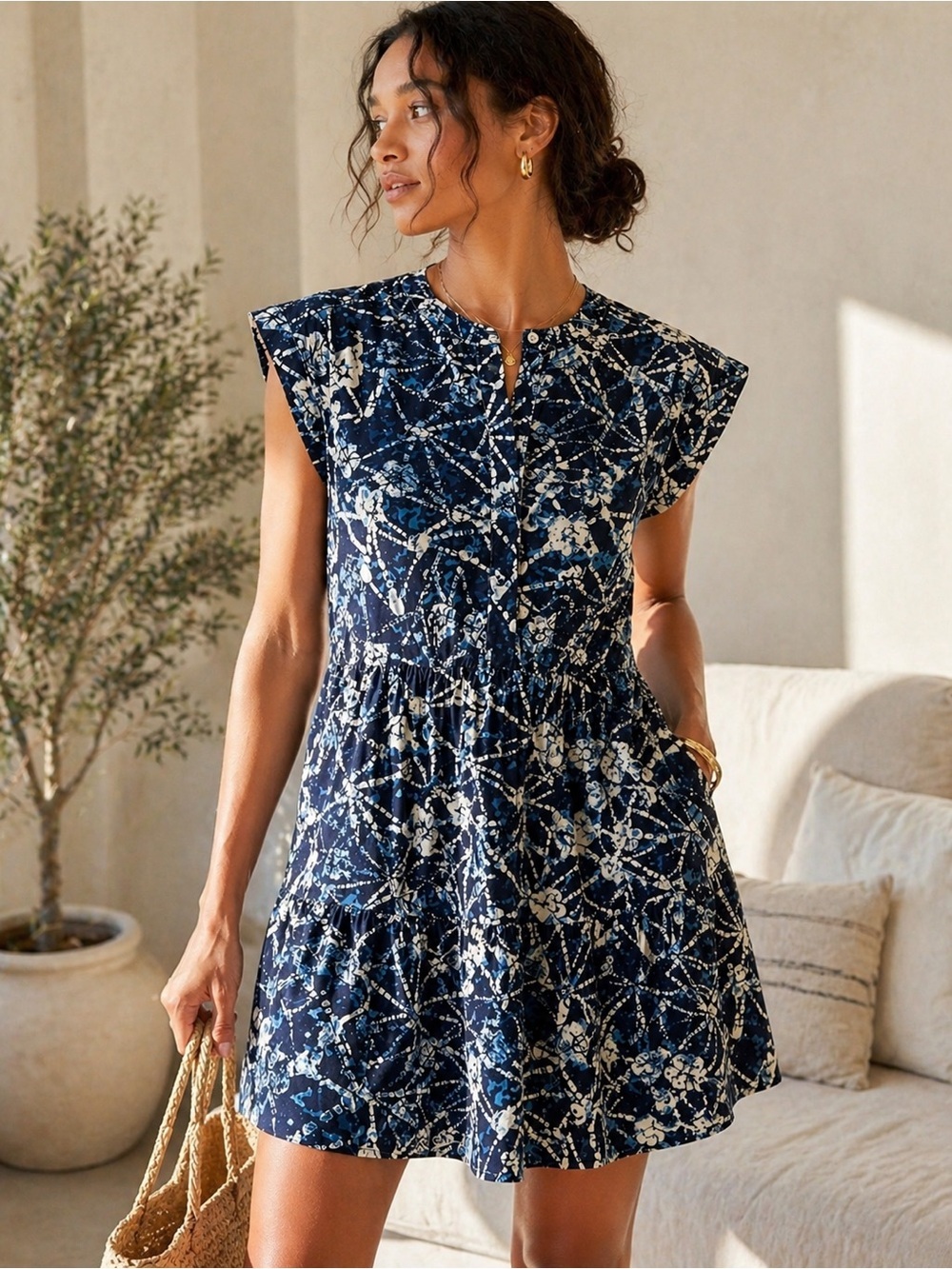 Marie Oliver Lachlan Indigo Batik Mini Dress XS Euro Summer Resort